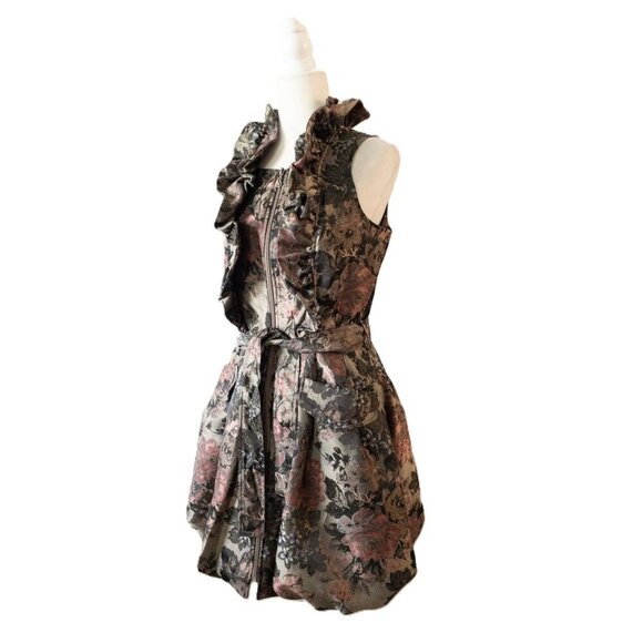 Samuel Dong Pink Floral Brocade Sleeveless Ruffled Dress With Belt SZ S  Bubble - Picture 3 of 12